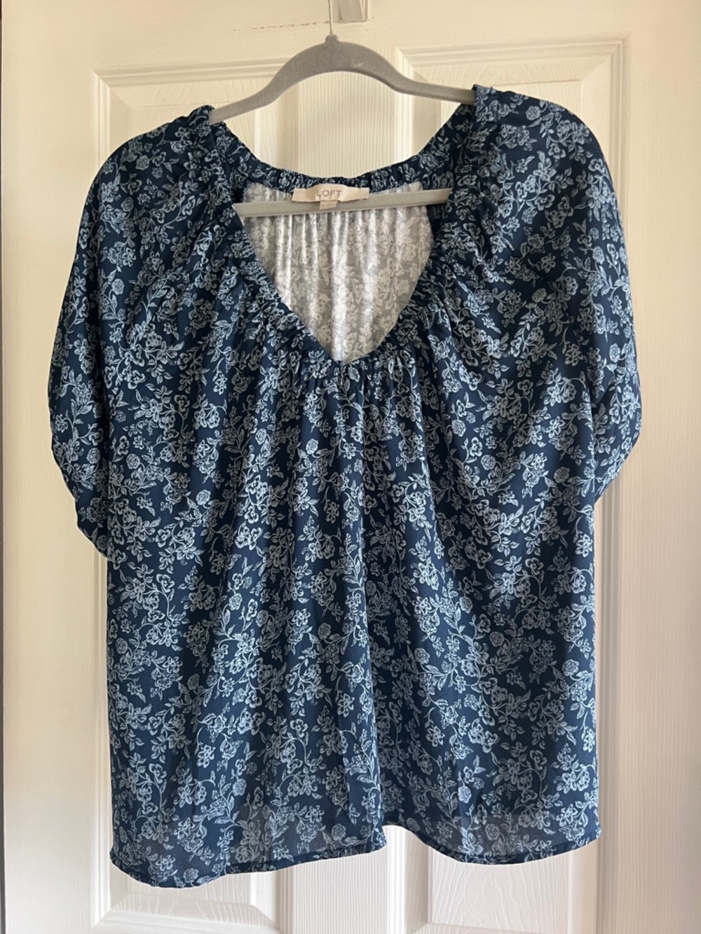 LOFT Navy Blue Floral V-Neck Blouse